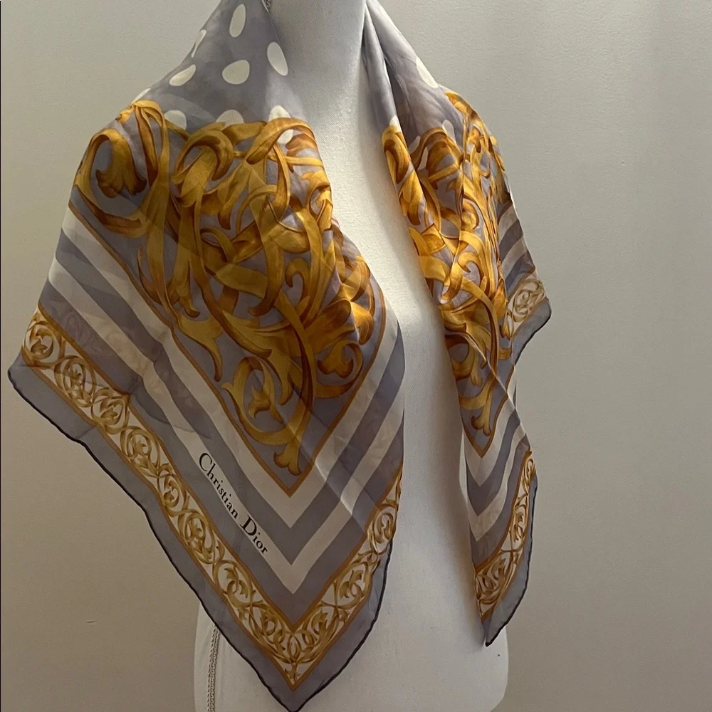 Dior Elegant Gold and Gray Scarf with Polka Dots